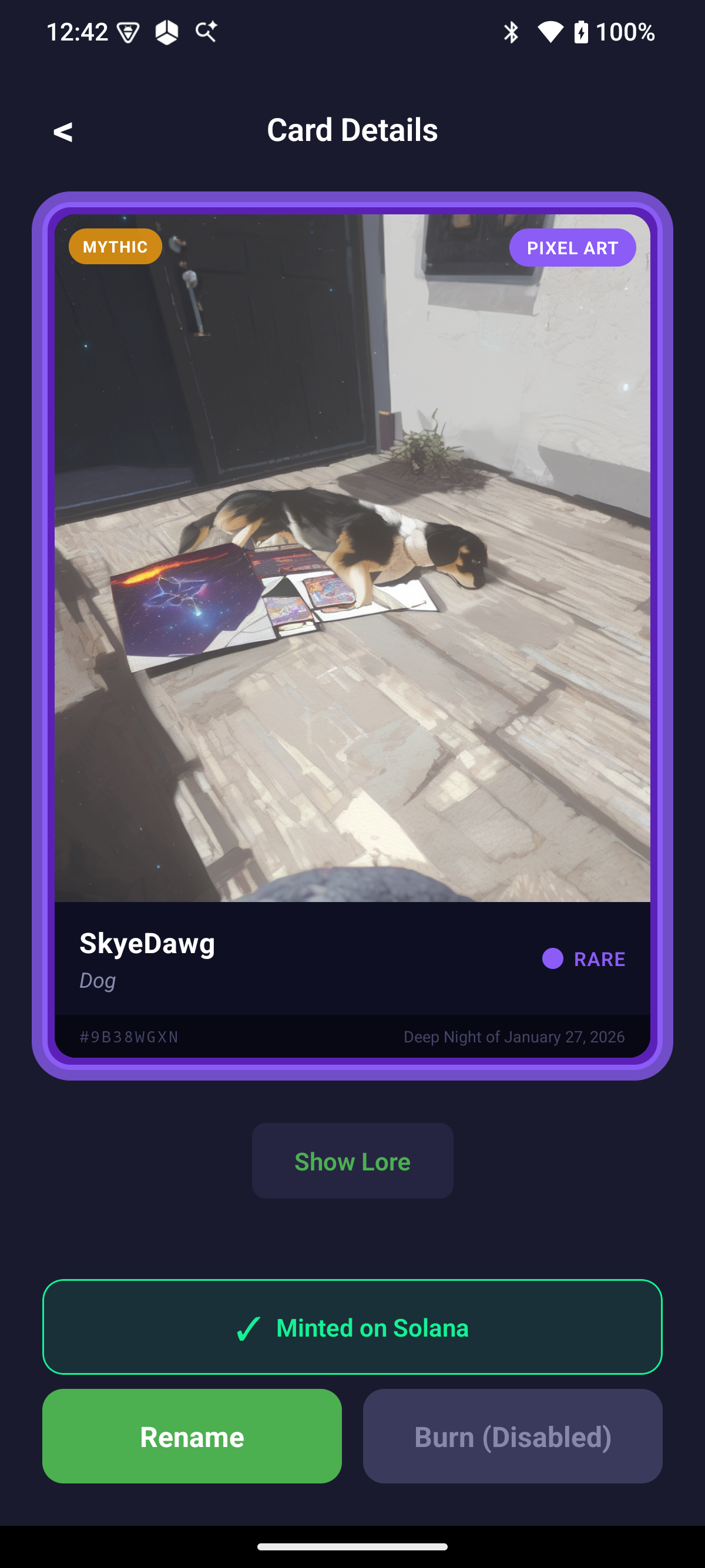 WildCard Nature card details for SkyeDawg, a mythic pixel-art collectible