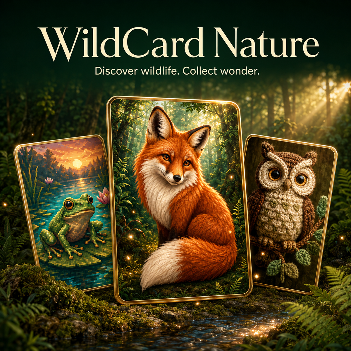 Promotional fox, frog and owl collectible artwork